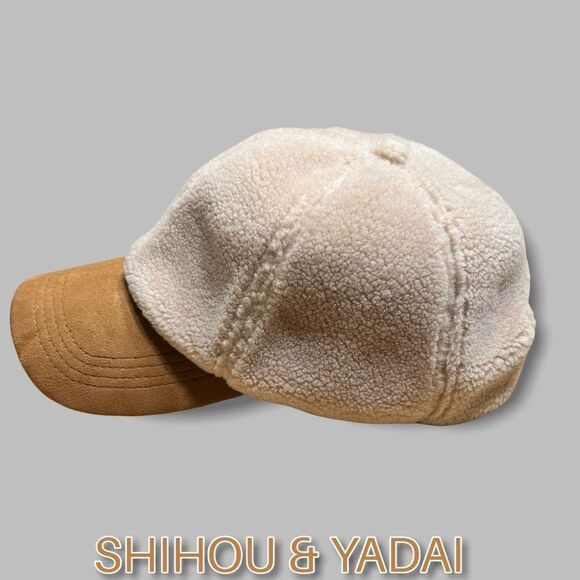 NWOT Sherpa Cap Beige with Brown Faux Suede UNISEX Adjustable - Picture 4 of 8